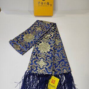 Exquisite Yung Silk Brocade Cobalt Blue And Gold Scarf With Silk Fringe